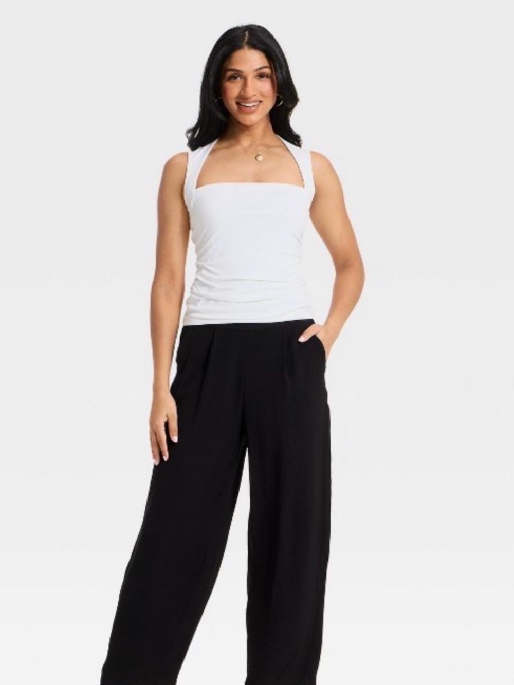 NWT Target A New Day White Sleeveless Tank, Square Halter Neckline &Ruched Sides